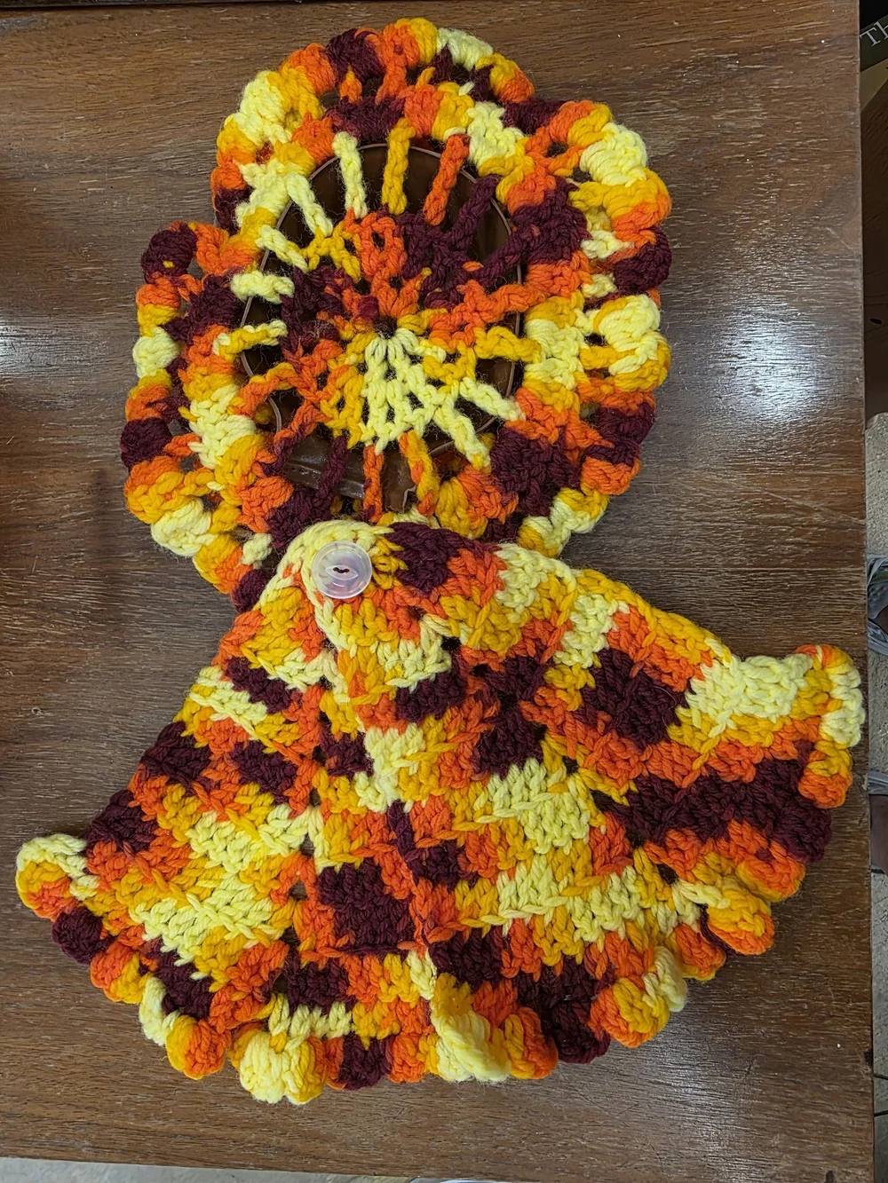 Handmade Crochet Doll Poncho & Bonnet Set in Yellow, Orange & Brown